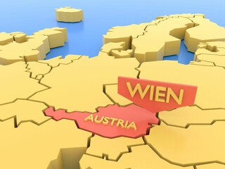 3D rendering of a yellow Europe map focused on Vienna, Austria, with a red color