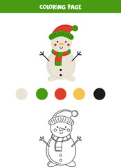 Color cute cartoon snowman. Worksheet for kids.