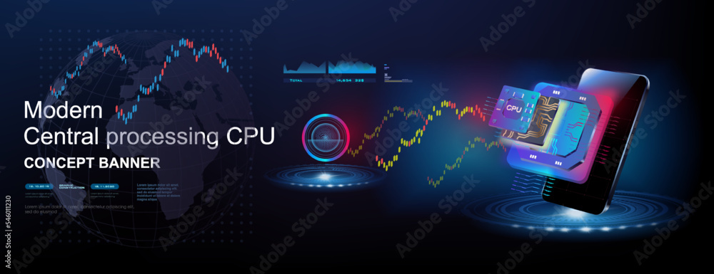 Poster it cyber banner. new generation computer processor with mobile phone on futuristic background. innov