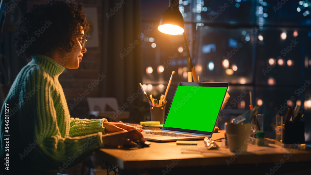 Poster positive female designer working from home on laptop computer with green screen chromakey on display