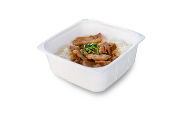 Fried sliced chicken with garlic and pepper over rice in white box isolated on white background. Instant Food & Ready to Eat.