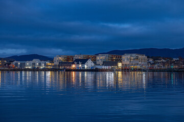 Fototapeta na wymiar After sunset in Brønnøysund harbour, Helgeland, Norway, Europe