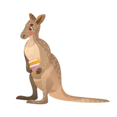 Charming wallaby with a books in his bag. Animals read.  Educational illustration for children. Cartoon cute animal