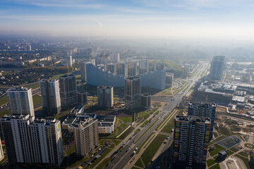 Fototapeta na wymiar Construction of the New Residential Macro District Minsk MIR, Belarus, drone view