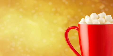Red cup of cocoa with marshmallow, on Christmas background. Banner for Xmas, traditional christmas...