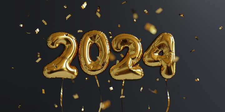 Happy New Year 2024. New Year balloons. Shiny confetti falling down over golden balloons. 3D render. 3D illustration.