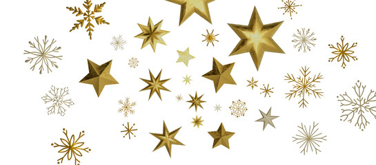 new year pattern. Christmas theme, golden openwork shiny snowflakes, star, 3D rendering.