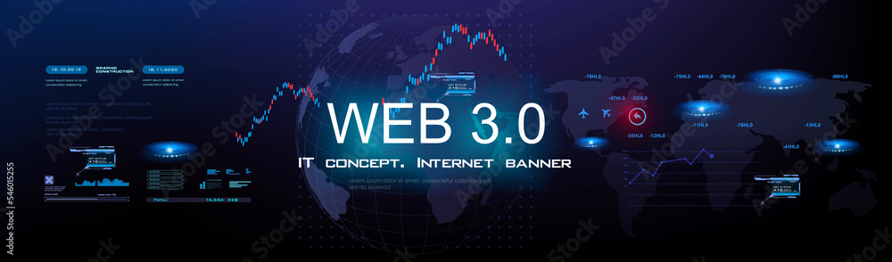 Poster web 3.0 futuristic cyber banner. internet and web communications. internet of things. process of exc