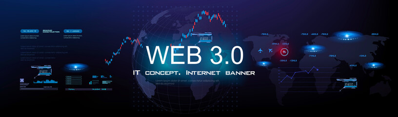 Web 3.0 Futuristic cyber banner. Internet and web communications. Internet of things. Process of exchanging information using the next generation Internet. Unique internet network Internet 3.0 Blockch