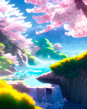 a natural mountain hot spring, colorful anime movie background, cherry blossom tree