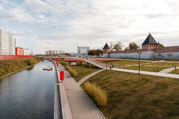 TULA, RUSSIA-OCTOBER 23, 2020: Upa river embankment, Kazanskaya embankment and park in the historical part of Tula near the Kremlin.