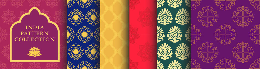 India Seamless Pattern Collection. Vector graphics in hindi style. South Asia Mandala Yoga aesthetic set. 