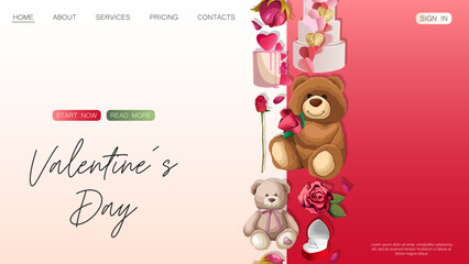 Website design template. Happy Valentine's day, shop, web concept. Teddy bears, gifts, roses isolated on dark. Vector illustration for poster, banner, website, advertising