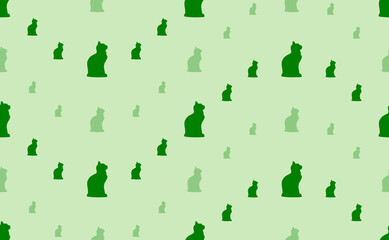 Seamless pattern of large and small green cat symbols. The elements are arranged in a wavy. Vector illustration on light green background