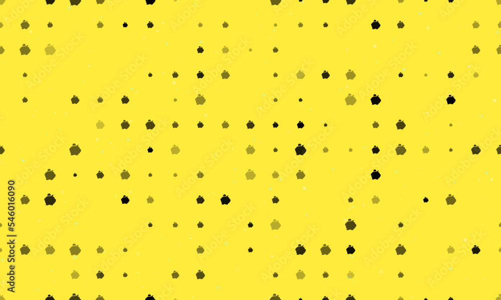Poster seamless background pattern of evenly spaced black piggy bank symbols of different sizes and opacity