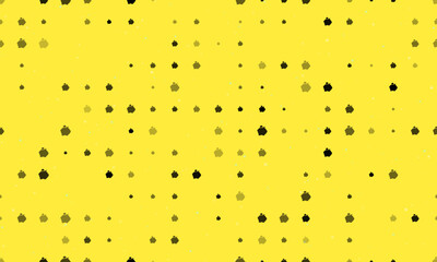 Seamless background pattern of evenly spaced black piggy bank symbols of different sizes and opacity. Vector illustration on yellow background with stars