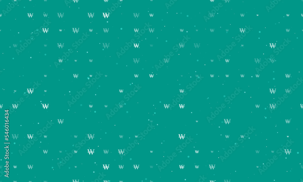 Poster seamless background pattern of evenly spaced white korean won signs of different sizes and opacity. 
