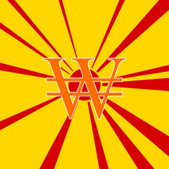 Korean won sign on a background of red flash explosion radial lines. The large orange symbol is located in the center of the sun, symbolizing the sunrise. Vector illustration on yellow background