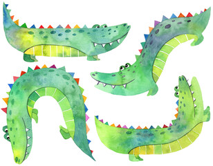 Watercolor cute crocodiles illustration, hand drawn funny wild animals - 546016662