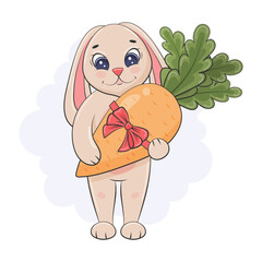 Cute rabbit with carrot, gift. Symbol of new year 2023. Cartoon style. Postcard, poster for birthday, new year, christmas. Children vector illustration.