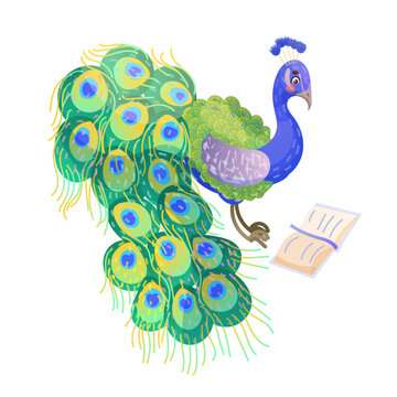 recommend clip art: Cute peacock is reading a book. Animals read. Educational illustration for children. Cartoon cute animal.