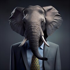 Business elephant. The human body in a business suit with the head of an elephant. AI created a creative illustration. symbol of wisdom, experience and stability