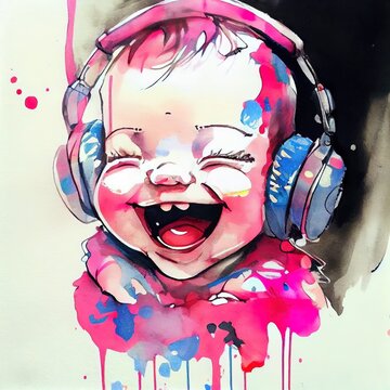 Colorful drawing of cute happy baby in headphones, Ai generated