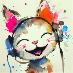 Colorful drawing of the happy kitten in headphones, Ai generated