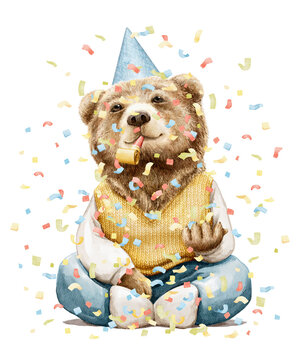 Watercolor vintage brown bear boy animal sitting in pants, sweater and throws confetti isolated on white background. Hand drawn illustration sketch