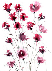 artistic watercolor red flowers: roses, carnations, cyclamen, dahlias. For cards, wallpaper, gifts