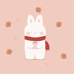 Kawaii rabbit with cup of coffee in his hands. Cute bunny character on yellow background with leaves.  Autumn card. Stock vector illustration, eps 10