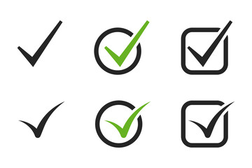 Set of flat buttons: green checkmarks. Circle and square, hard and rounded corners. Vector illustration