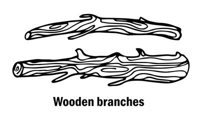 Tree branch engraving. Hand drawn forest twigs. Dry wood log and lumber rustic graphic templates. Natural winter or spring elements set. Vector black and white drawing plant trunks