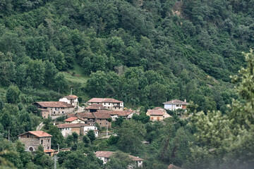 Fototapeta na wymiar small quiet town with old stone houses and brown roofs in the middle of the road next to the forest and electricity cables, ruta del cares asturias, spain