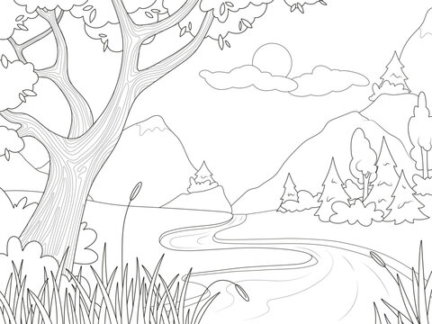 Landscape of nature, a stream in the forest against the backdrop of mountains. Children picture coloring, black stroke, white background.