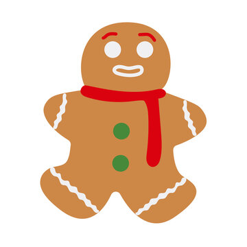 Simple flat yammy brown ginger man cookie with white icing in a red scharf and green buttoms