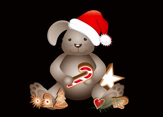 goldiger Hase für Weihnachten mit Weihnachtsmütze
 