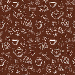 Drawn coffee pattern. Dark brown background. Coffee. Croissant. Cafe. A cup. Kettle. Cafe print. Cookie. Food. Fabric print for the kitchen.