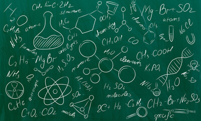 Beautiful chemistry seamless pattern with plots, formulas and laboratory equipment