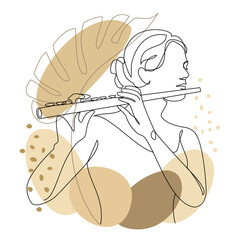 Silhouette of a beautiful woman with a flute and a leaf of a plant in a modern continuous line style. Flutist, slender. Outline decor, posters, stickers, logo. Vector illustration. © Nataliia