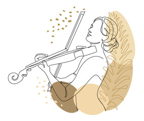 Silhouette of a beautiful woman with a violin or a plant leaf in a modern continuous line style. Violinist girl, slender. Continuous outline for decor, posters, stickers, logo. Vector illustration © Nataliia