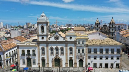 Fototapeta na wymiar Wonderful panoramic view of Pelourinho neighborhood with colorful houses, colonial churches and old streets in the heart of Salvador, Bahia, Brazil 