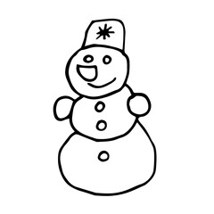 snowman in hat. Concept New Year, Christmas, holidays. Hand drawn vector illustration in doodle style outline drawing isolated on white background.