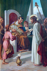 VARALLO, ITALY - JULY 17, 2022: The painting  Jesus before Pilate as part of Cross way in the church Basilica del Sacro Monte by Emilio Contini from 20. cent.