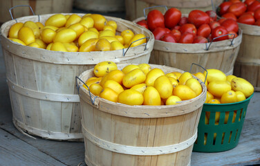 Red and yellow tomatoes at the Jean-Talon Market is a farmer's market in Montreal. Located in the Little Italy district, the market is bordered by Jean-Talon Street 