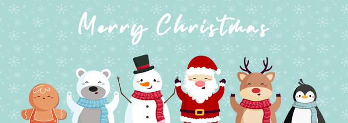 Merry Christmas! ,Christmas card with Santa Claus, Gingerbread, Snowman, Reindeer, Penguin, and Polar Bear Vector illustration.
