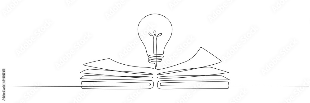 Aufkleber light bulb above book continuous one line art drawing. line drawing open book with lamp idea symbol.