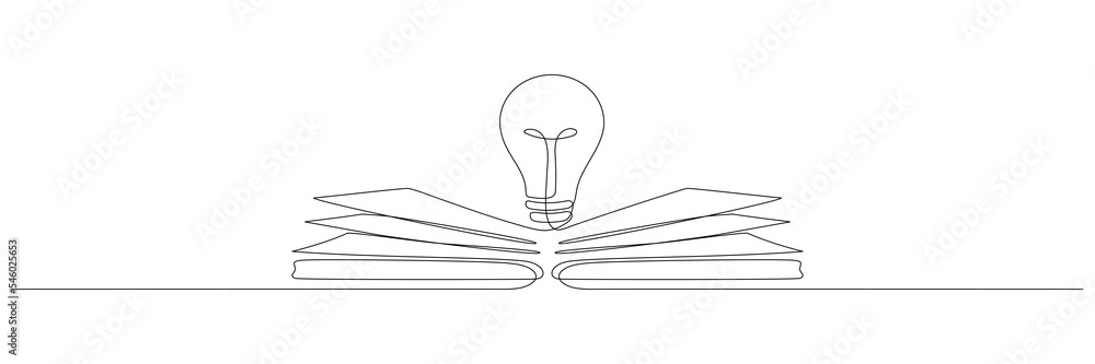 Aufkleber light bulb above book continuous one line art drawing. line drawing open book with lamp idea symbol.