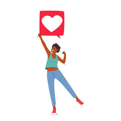 Virtual Communication In Networks Concept. African Female Character Holding Heart Icon Like Notification Illustration