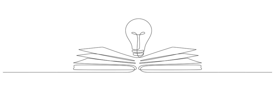 Light bulb above book continuous one line art drawing. Line drawing open book with lamp idea symbol. School education concept. Vector illustration isolated on white.